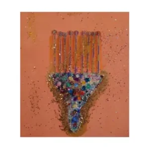 A Weapon for Afrobeauty — original mixed-media painting by Serj Éty’n featuring a symbolic comb constructed from colorful beads, reflective elements and glitter on a peach background.