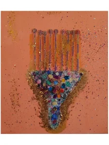 A Weapon for Afrobeauty — original mixed-media painting by Serj Éty’n featuring a symbolic comb constructed from colorful beads, reflective elements and glitter on a peach background.