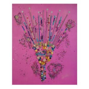 Celebration Day of Afrobeauty — original mixed-media painting by Serj Éty’n featuring an expressive fan-shaped comb decorated with colorful beads on a vibrant pink background.
