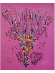 Celebration Day of Afrobeauty — original mixed-media painting by Serj Éty’n featuring an expressive fan-shaped comb decorated with colorful beads on a vibrant pink background.