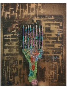 Emblematic Sign of Afrobeauty — original mixed-media painting by Serj Éty’n featuring a colorful beaded comb form against an abstract brown and black background.