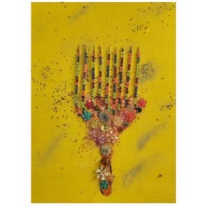 Glory of Afrobeauty Roots — original mixed-media painting by Serj Éty’n featuring a symbolic comb decorated with colorful beads, buttons and floral elements on a bright yellow background.