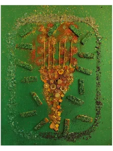 Say It Loud: Afrobeauty Starlight — original mixed-media painting by Serj Éty’n featuring a colorful symbolic comb surrounded by sparkling decorative forms on a brown background.