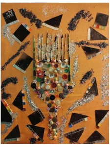Shining Afrobeauty Will Never Stop — original mixed-media painting by Serj Éty’n featuring a central comb form made with colorful buttons and geometric elements on an ochre background.