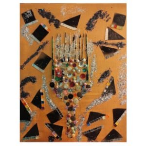 Shining Afrobeauty Will Never Stop — original mixed-media painting by Serj Éty’n featuring a central comb form made with colorful buttons and geometric elements on an ochre background.