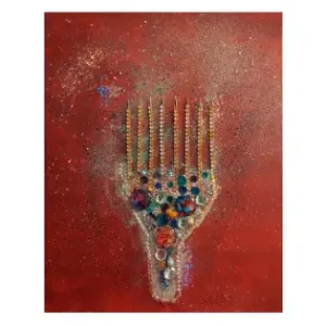 The Sign of Afrobeauty Revealed — original mixed-media painting by Serj Éty’n featuring a symbolic comb form decorated with colorful beads and gemstones on a deep red background.