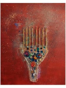 The Sign of Afrobeauty Revealed — original mixed-media painting by Serj Éty’n featuring a symbolic comb form decorated with colorful beads and gemstones on a deep red background.