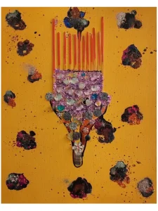 Through Afrobeauty Stands Timeless Pride — original mixed-media painting by Serj Éty’n featuring a richly decorated comb form with beads and floral details on an ochre background.