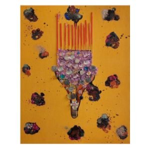 Through Afrobeauty Stands Timeless Pride — original mixed-media painting by Serj Éty’n featuring a richly decorated comb form with beads and floral details on an ochre background.