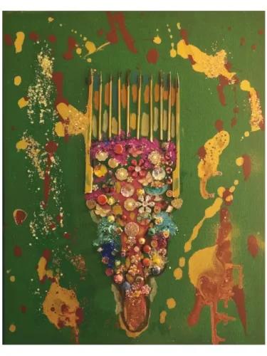 Mixed-media artwork featuring an ornate Afro pick comb decorated with colorful jewels, beads, flowers, and metallic embellishments on a textured green background with gold and brown paint splashes. The comb resembles a ceremonial throne, symbolizing Afro beauty, elegance, and cultural pride. painting Created by Serj Éty’n.
