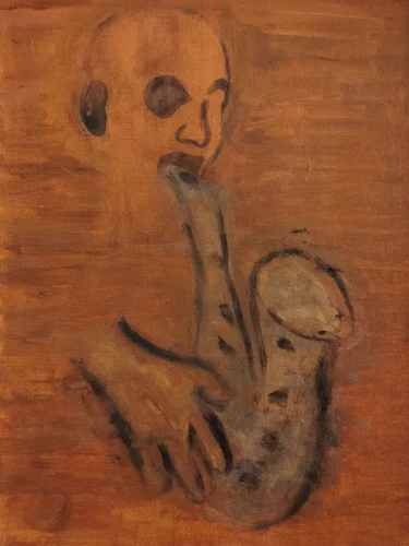 Abstract expressionist painting showing a ghostlike human figure emerging from warm sepia and brown tones, evoking jazz, introspection, and emotional depth.