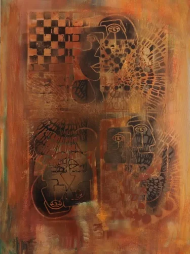 Unsolved Anima  AnimusAbstract cubist artwork featuring layered human faces and symbolic organic patterns in warm brown, orange, and bronze tones, creating a mysterious and emotional atmosphere inspired by anima and animus duality.