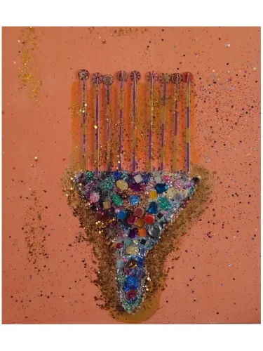 A Weapon for Afrobeauty — original mixed-media painting by Serj Éty’n featuring a symbolic comb constructed from colorful beads, reflective elements and glitter on a peach background.