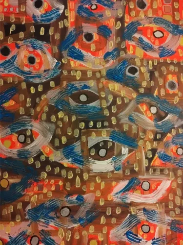Afrofolks' Progress under Surveillance  Abstract cubist-style painting featuring multiple expressive eyes layered across a textured orange, brown, blue, and white composition symbolizing surveillance, observation, and Afrofolks’ progress under constant scrutiny.