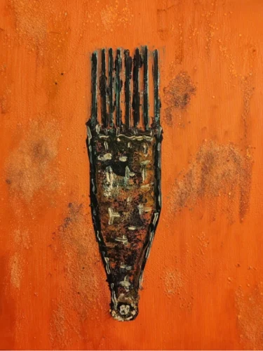Abstract painting on an orange textured background featuring a central comb-shaped form inspired by an African hair comb. The object appears aged with dark, earthy textures and vertical teeth rising upward, symbolizing heritage, beauty, and cultural identity. Artwork created by Serj Éty’n.