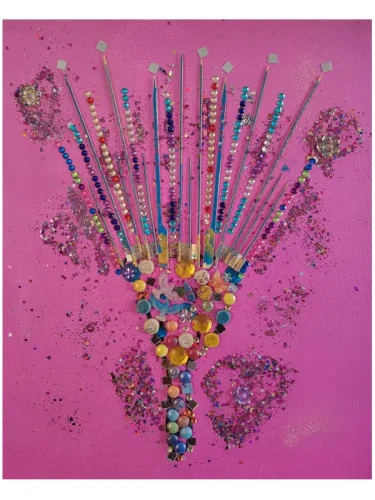 Celebration Day of Afrobeauty — original mixed-media painting by Serj Éty’n featuring an expressive fan-shaped comb decorated with colorful beads on a vibrant pink background.