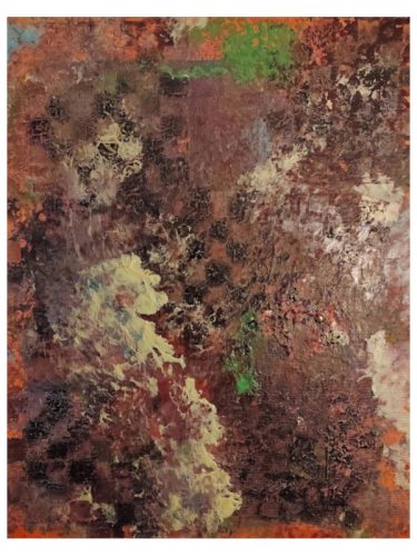 checkmate lifeAbstract textured painting with earthy brown, red, and white tones, featuring layered organic patterns and subtle green accents, evoking a chaotic and strategic atmosphere inspired by the game of life, created by Serj Éty’n