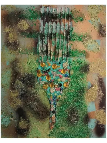 Endless Afrobeauty Love — original mixed-media painting by Serj Éty’n featuring a turquoise and multicolored symbolic comb surrounded by green, gold and dark abstract textures.