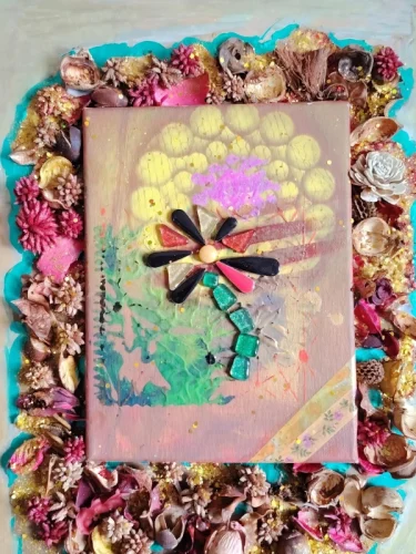 Eternal Beauty of NatureMixed-media artwork representing a symbolic flower, expressing the eternal beauty of nature through organic textures, vibrant colors, and a delicate balance between fragility and strength