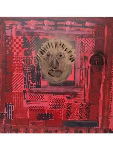 Freedom’s Price” abstract expressionist painting featuring a human face emerging from layered red textures and geometric patterns, symbolizing struggle, memory, and the cost of freedom. Bold brushstrokes and tribal-inspired motifs evoke history, resistance, and emotional intensity. Created by Serj Éty'n