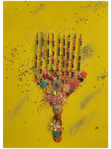 Glory of Afrobeauty Roots — original mixed-media painting by Serj Éty’n featuring a symbolic comb decorated with colorful beads, buttons and floral elements on a bright yellow background.