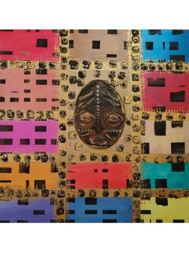 maskilili protectorAbstract cubist painting titled Maskilili featuring a central stylized face with tribal dotted markings, surrounded by colorful geometric blocks in red, blue, orange, and black. Created by Serj Éty’n.