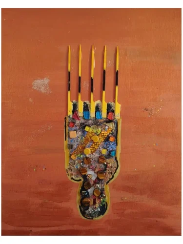 The Prettiest Afrobeauty — original mixed-media painting by Serj Éty’n featuring a stylized comb form embellished with colorful geometric pieces against a warm terracotta background.