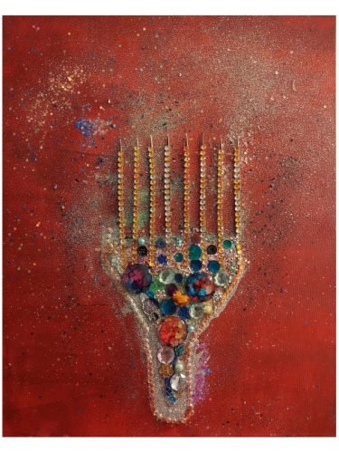 The Sign of Afrobeauty Revealed — original mixed-media painting by Serj Éty’n featuring a symbolic comb form decorated with colorful beads and gemstones on a deep red background.