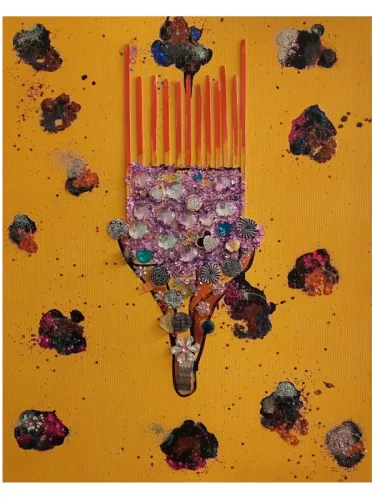 Through Afrobeauty Stands Timeless Pride — original mixed-media painting by Serj Éty’n featuring a richly decorated comb form with beads and floral details on an ochre background.